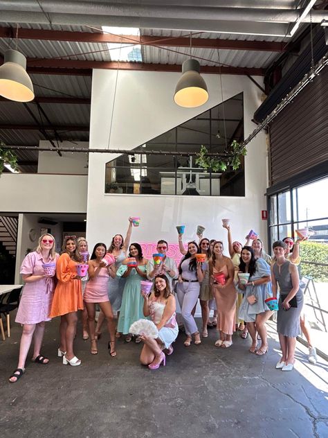 Pastel Hens Party Outfit, Hendo Outfit Ideas, Bachelorette Party Pastel Colors, Pastel Hen Party, Bachelorette Pastel Outfits, Bachelorette Party Outfit Pastel, Pastel Group Outfits, Pastel Bachelorette Party Outfits, Pastel Hens Party