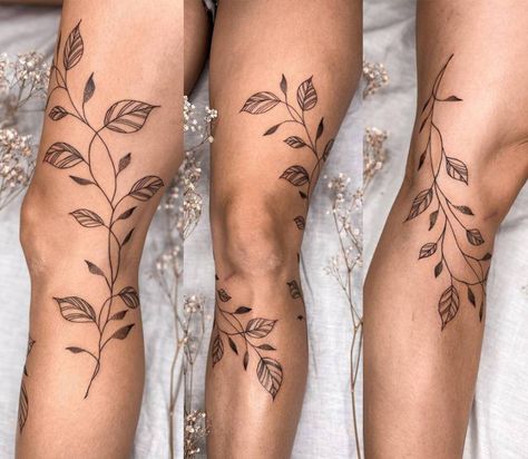 Line art leaves tattoo on the leg Womens Tattoo Leg Sleeve, Asthetic Tattoos Leg, Line Tattoos For Women Leg, Line Art Leaves Tattoo, Leaves Sleeve Tattoos For Women, Leaf Tattoo Leg Sleeve, Leaves Leg Tattoos Women, Front Of The Leg Tattoo, Nature Calf Tattoos For Women