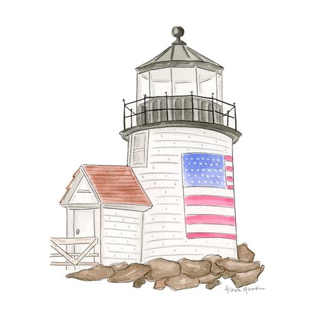 Ink illustration with watercolors, Brant Point Light in Nantucket. Original illustration by Alexa Martin, 2020. Nantucket Watercolor, Nantucket Art, July Bujo, Lighthouse Watercolor, Brant Point Lighthouse, Beach Wraps, Lighthouse Drawing, Painting Challenge, England Beaches