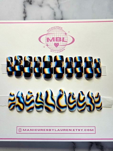 This press on nail bundle includes two sets, both with an optical illusion design.  The first set features the classic optical illusion/glitched checkered board design.  The second set features a white background with an optical illusion/ gitched swirl pattern.  Includes 10 hand painted, press on nails and a nail prep kit (2 tubes of nail glue, cuticle pusher, nail file and mini buffer  Optical Illusion Checkered set pictured in 'medium square' Optical Illusion Swirl set pictured in 'medium  For help with sizing, please refer to the sizing guide. Optical Illusions Nail Art, Checker Board Nails Design, Hand Painted Press On Nails, Glitch Nail Art, Optical Illusion French Nails, Glitch Nails, Nail Manifestation, Optical Illusion Nails, Optical Illusion Granny Square Blanket