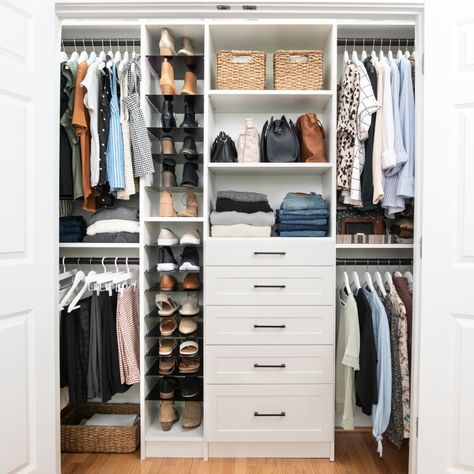 Shared Reach In Closet Ideas, Standard Closet Makeover, Reach In Closet Ideas, Easy Closets, Closet Redesign, Small Closet Design, Closet Maid, Closet Idea, Master Closet Design