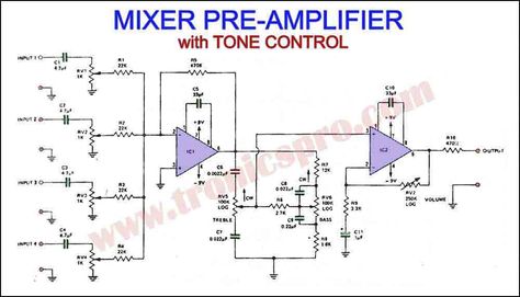 Audio Mixer Preamplifier with Tone Control Circuit Preamplifier Circuit Diagram, Tone Control Circuit Diagram, Mixer Audio, Hifi Audiophile, Mini Amplifier, Circuit Board Design, Subwoofer Amplifier, Electronic Schematics, Tone Control