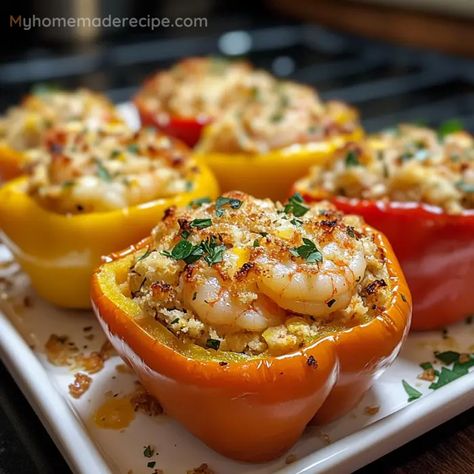 Good Seafood Recipes, Stuffed Bell Peppers Crab Meat, Stuffed Bell Peppers Shrimp Crab Meat, Shrimp And Stuffing, Easy Shrimp Dinners For Two, Shrimp And Cucumber Recipes, Shrimp And Lump Crab Recipes, Shrimp Wrapped In Salmon, Recipes With Small Shrimp