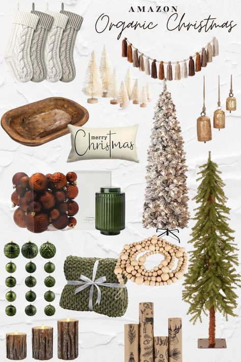 Amazon mood board for neutral christmas decor Modern Lodge Christmas Decor, Organic Mood Board Interior, Classy Modern Christmas Tree, Organic Neutral Christmas Decor, Green Brown And Cream Christmas Decor, Earth Toned Christmas Decor, Neutral Minimalist Decor, Brown And Cream Christmas Decor, Green White And Tan Christmas