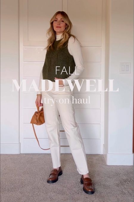 New fall Madewell arrivals are here and you can use the code OHJOY for 40% off your purchase! Here I paired these loafers and brown crossbody bag with white jeans, a white ribbed turtleneck shirt, and a cute green sweater vest. Let me know what you think! | outfit, style, inspiration, favorites, clothes, accessories, shop, shopping, looks Brown Knit Vest Outfit, Green Sweater Vest Outfit, Green Knit Vest, Green Vest Outfit, Outfit Style Inspiration, Knit Vest Outfit, Green Sweater Vest, Sweater Vest Outfit, Loafers Outfit