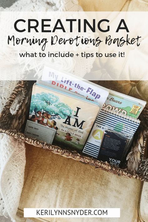 Put together a morning devotions basket to help your family connect and focus every day. Intentional parenting tip from Keri Lynn Snyder, Lifestyle Blog Family Habits, Weekly Activities, Intentional Motherhood, Devotions For Kids, Goal Setting Printable, Family Bible Study, Morning Basket, Morning Devotion, Christian Homemaking