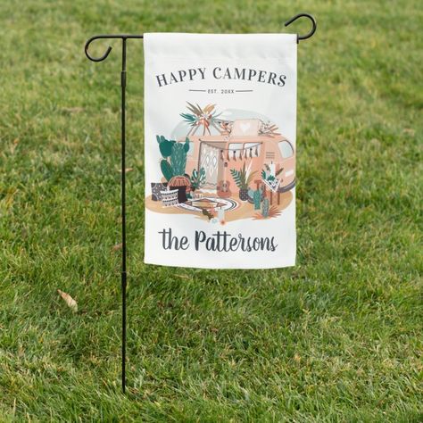 Happy Campers Family Name House Flag - Welcome Home Gifts Camping Sunset, Htv Designs, Beach Monogram, Sunset Garden, Htv Ideas, Camping Gadgets, Welcome Home Gifts, Camper Living, Rv Decor