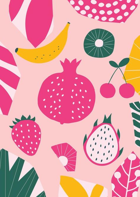 Exotic fruit poster. Summer tropical design with fruit, banana, strawberry, pomegranate, pitaya, cherry, kiwi colorful mix. Healthy diet, vegan food background vector illustration Green Pantry, Pitaya Fruit, Beverage Branding, Popping Boba, Fruit Poster, Fruit Banana, Kids Juice, Food Background, Tropical Illustration