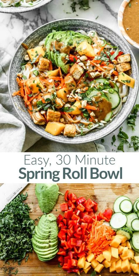 Spring Bowl Recipe, Spring Roll Dinner Ideas, Thai Spring Roll Salad, Spring Roll Lunch Ideas, Chicken Spring Roll Salad, Spring Roll Vermicelli Bowl, Spring Rolls Salad, Spring Roll Noodle Bowl, Spring Roll Rice Bowl