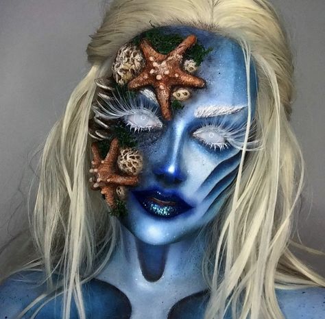 Sea Witch Makeup Halloween, Mermaid Gills Makeup, Thalassophobia Makeup, Halloween Makeup Ideas 2022, Monster Sfx Makeup, Mermaid Prosthetic Makeup, Siren Prosthetic Makeup, Theatrical Makeup Special Effects, Deep Sea Makeup