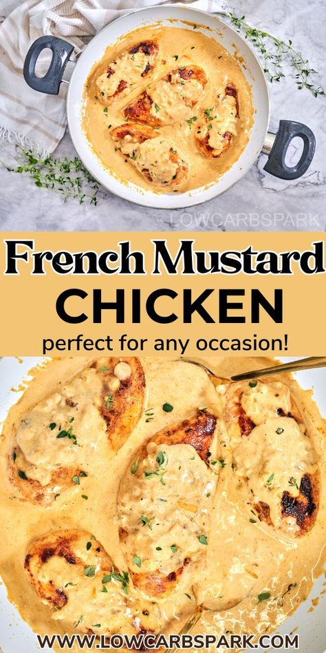 This French Mustard Chicken recipe is creamy, delicious, and incredibly easy to whip up in 30 minutes! All you need to do is pan-sear a few chicken breasts until perfectly golden, then smother in a rich and tangy mustard sauce. Whether you're cooking for a special occasion or just need a quick dinner idea, this chicken dish is sure to satisfy! Dijon Mustard Sauce For Chicken, French Mustard Chicken, Easy Sauce For Chicken, Mustard Sauce For Chicken, Mustard Chicken Breast, Bird Recipes, Dijon Mustard Sauce, French Mustard, Mustard Chicken Recipes