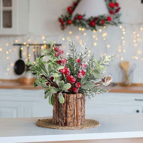 Office Christmas Decor, Christmas Arrangements Centerpieces, Fake Greenery, Fake Potted Plants, Faux Christmas, Christmas Dining Table, Christmas Pots, Christmas Plants, Christmas Picks