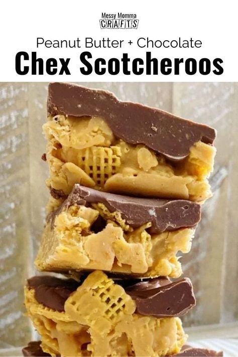 These Chex Scotcheroos are made with peanut butter, butterscotch and chocolate. Make this easy homemade bar treat for your kids to enjoy. Find the recipe on Messy Momma Crafts. #MessyMommaCrafts Chex Scotcheroos, Scotcheroos Recipe, Chocolate Chex, Chex Cereal, Homemade Chocolate Chips, Homemade Goodies, Chex Mix Recipes, Parmesan Recipes, Chocolate And Peanut Butter