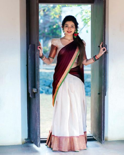 Jimin Female Version, Traditional Half Saree Designs, Traditional Half Saree, Kerala Engagement Dress, Onam Outfits, Half Saree Lehenga, Simple Saree Designs, Lehenga Designs Simple, New Saree Blouse Designs