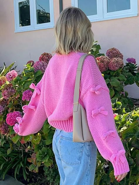 Gentle Bow Symphony Sweater - Pink / L Pink Autumn Aesthetic Outfits, How To Style A Pink Sweater, All Pink Outfit Aesthetic, Pink Women Outfits, Pink Top Outfit Ideas, Pink Casual Outfit, Rainy Fashion, Femenine Fashion, Pink Fall Outfits