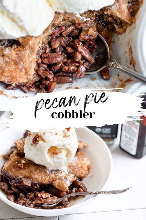 pecan pie cobbler in pan Pecan Pie Crisp, Pecan Cobbler With Pie Crust, Pecan Pie Cobbler Without Corn Syrup, Dixies Pecan Pie Cobbler, Pecan Pie Cobbler Taste Of Home, Well Plated Pecan Pie Cobbler, Pecan Pie Cobbler, Homemade Pecan Pie, Pecan Cobbler