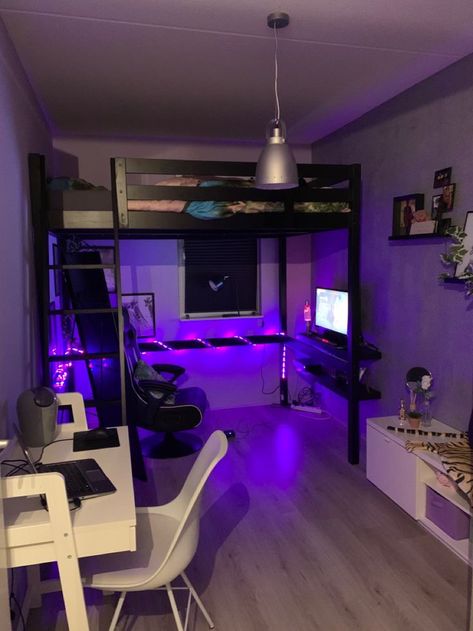 Loft Bed Gamer Room, Gamer Beds, Gamer Loft Bed, Bedroom For Gamers, Gaming Room With Bed, Loft Bed With Gaming Area, Loaf Bedroom Ideas, Loft Bed Gaming Setup, Teen Boy Bedroom Gamer