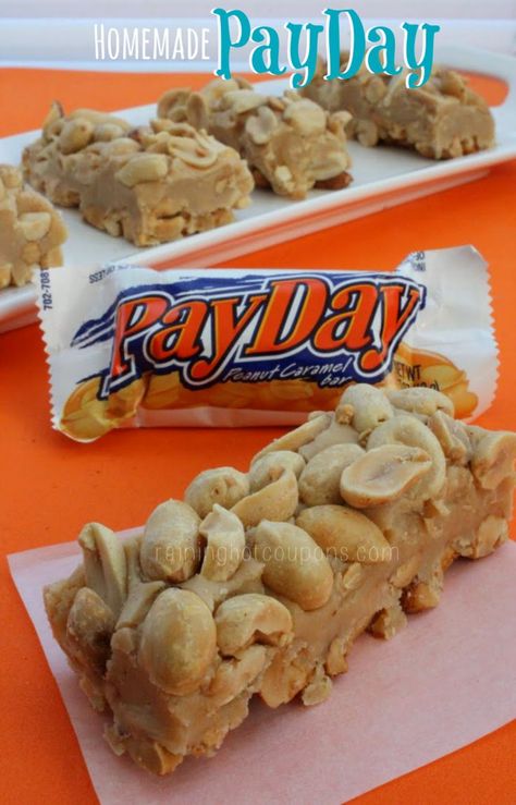 Yippee! I am so excited to share this next super easy and tasty candy bar recipe with all of you! These PayDay candy bars and homemade and full of yummy ingredients. These seriously taste like the real thing and can be made pretty dang fast. I love candy bars but if I can make my own at home, it’s even better! Enjoy… Homemade Payday, Payday Candy, Payday Candy Bar, Homemade Candy Bars, Candy Bar Recipe, Candy Recipes Homemade, Homemade Candies, Candy Desserts, Candy Bars