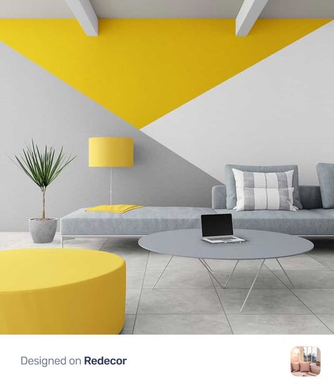 Grey Wall Painting Ideas, Office Interior Color Combination, Bedroom Decor Yellow And Grey, Paint Wall Ideas Living Room, Multicolor Wall Paint Ideas, Painted Wall Design Ideas, Geometric Wall Paint Living Room, Lighting For Dark Rooms, Tv Wall Painting Design