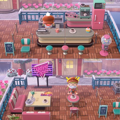 animal crossing new horizons paster american diner '50 ideas Diner Ideas Acnh, Store Ideas Animal Crossing, Outside Cafe Animal Crossing, Animal Crossing Ideas Outside, Animal Crossing Dinner Ideas, Acnh Dinner Ideas, Animal Crossing Snack Area, Things To Add To Animal Crossing Island, Animal Crossing Modern Island