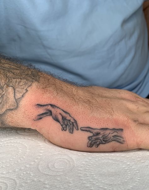 Side Of Hand Tattoo, Creation Of Adam Tattoo, Adam Tattoo, Palm Tattoo, Tattoo Side, Side Hand Tattoos, Palm Tattoos, Tattoo Concepts, Hand Palm