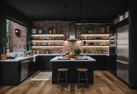 Kitchen With Brick, Modern Industrial Kitchen, Slab Doors, Industrial Kitchen Design, Industrial Style Kitchen, Drawer Boxes, Brick Backsplash, Wood Drawer, Black Kitchen Cabinets