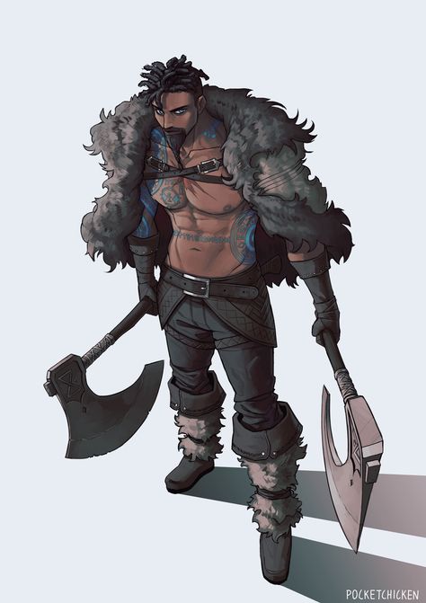 Dual Axes, Barbarian Dnd, Viking Character, Character Commission, Black Anime Guy, Heroic Fantasy, 다크 판타지, Dungeons And Dragons Characters, Black Characters