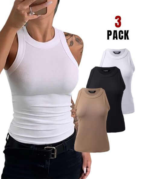 3-Pack Knit Round Neck Thick Strap Racerback Tank Tops Womens Tank Tops Summer, Tanks Tops, Striped Vests, Slim Fit Top, Summer Tank Tops, Solid Clothes, Sleeveless Vest, Knitted Tank Top, Knit Tanks