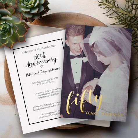 50th Wedding Anniversary Gold Foil & Photo Foil Invitation 50th Wedding Anniversary Invitations, 50th Wedding Anniversary Party, Wedding Anniversary Photos, 60 Wedding Anniversary, 40th Wedding Anniversary, Anniversary Photo, Wedding Anniversary Invitations, Foil Wedding Invitations, Wedding Anniversary Party