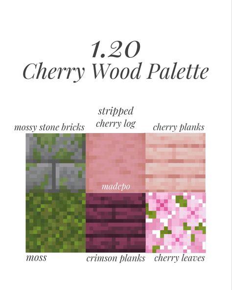 Minecraft House Aesthetic Ideas, Minecraft Spruce Color Palette, Minecraft Cherry Palette, Minecraft Color Palette Cottage Core, Minecraft House Pallets, Minecraft House Color Schemes, Cherry Minecraft Ideas, Crimson Plank House Minecraft, Mc Color Palette