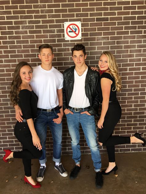 Greasers Halloween costume group #grease #halloween Grease Family Costume, Grease Outfits 1950s, Greaser Halloween Costume, Greaser Halloween, Grease Couple Costumes, Greaser Costume, Grease Halloween Costumes, Halloween Costume Group, Greaser Outfit