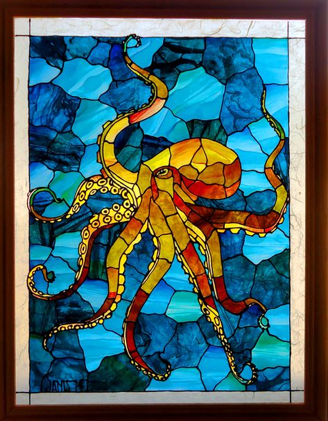 Mosaic With Felt, Octopus Glass Art, Octopus Stained Glass Pattern, Stained Glass Octopus, Octopus Mosaic, Mermaid Mosaic, Octopus Artwork, Orange Octopus, Glass Octopus