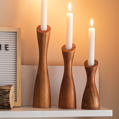 PRICES MAY VARY. An Attractive Accent - Whether you're looking for rustic farmhouse decor, or want something a little more modern, these OLEEK wood candle holders for table centerpiece will do the trick. They go well with any style of decorative candles for home decor Warm And Welcoming - Help guests feel right at home with these farmhouse wooden candlestick holder set. Wow your friends by using these candle stick candle holder for dining room table centerpiece decor. Mantel decorations for farm Wooden Taper Candle Holders, Candle Stick Holders Decor, Boho Candle Holders, Stick Candle Holder, Wood Pillar Candle Holders, Farmhouse Candle Holders, Wooden Candlestick Holders, Boho Candle, Wooden Candlestick