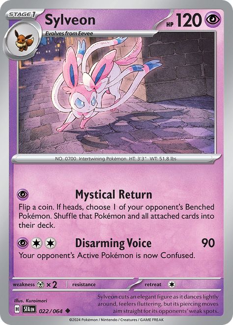 Sylveon · 120 HP · {P} Pokémon (Sylveon) › Stage 1 : Evolves from Eevee {P} → Mystical Return Flip a coin. If heads, choose 1 of your opponent’s Benched Pokémon. Shuffle that Pokémon and all attached cards into their deck. {P}{C}{C} → Disarming Voice […] Pokemon Tcg Cards, Type Pokemon, Pokemon Trading Card Game, Pokemon Trading Card, Pokemon Eevee, Pokemon Collection, Pokémon Tcg, Wizards Of The Coast, Trading Cards Game