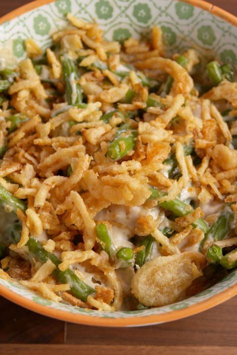 Microwave Green Bean Casserole  - Delish.com Traditional Green Bean Casserole Recipe, Microwave Green Beans, Ultimate Green Bean Casserole, Traditional Green Bean Casserole, Best Green Bean Casserole, Vegan Green Bean Casserole, Can Of Soup, Greenbean Casserole Recipe, Green Bean Casserole