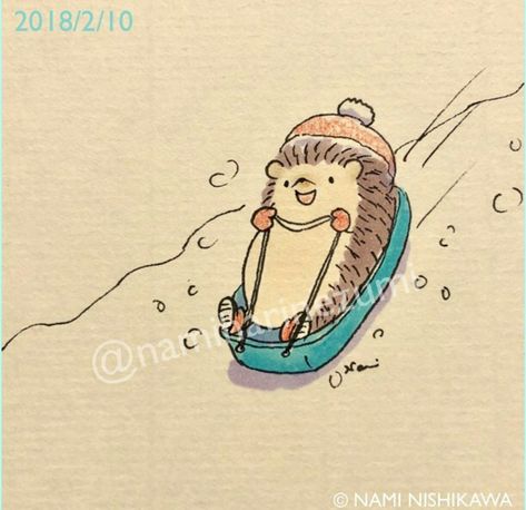 Sledding Illustration, Sled Drawing, Cute Mini Drawings, Hedgehog Drawing, Hedgehog Illustration, Hedgehog Pet, Baby Hedgehog, Animal Doodles, Hedgehog Art