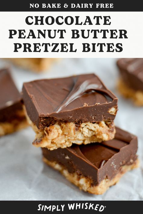 These no bake chocolate peanut butter pretzel bites are a quick and easy, decadent treat (and they can easily be made dairy free). Cut them into small bites for a party or larger pieces for a full-sized treat. Pretzel Chocolate Bites, Peanut Butter Pretzel Bites, Dairy Free Recipes Dessert, Banana Snacks, Dairy Free Treats, Dairy Free Snacks, Peanut Butter Pretzel, Chocolate Bites, Chocolate Pretzels