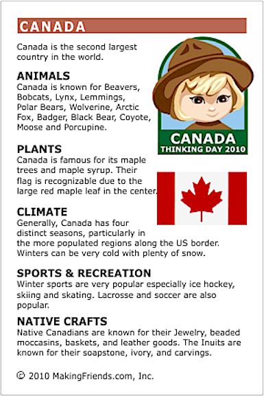 Canada Fact Card for your Girl Scout World Thinking Day or International celebration. Free printable available at MakingFriends.com. Fits perfectly in the World Thinking Passport, also available at MakingFriends.com Canada For Kids, Facts About Canada, Canada Day Crafts, Canada Project, All About Canada, About Canada, Canadian Things, Country Studies, World Thinking Day