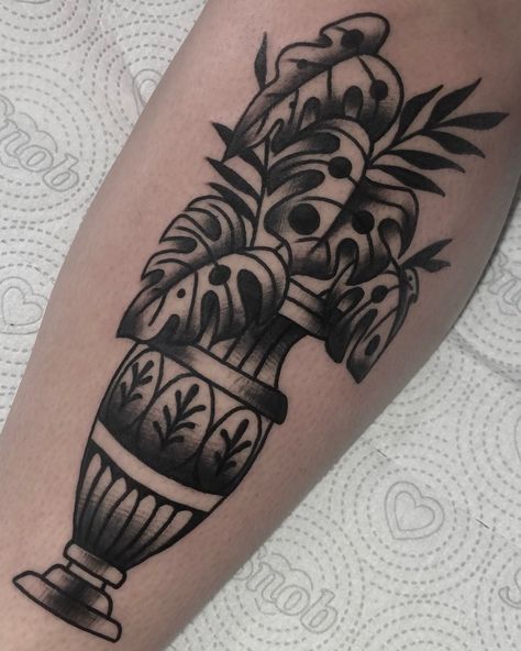 Traditional Tattoo Vase Flowers, Plant Vase Traditional Tattoo, American Traditional Vase With Flowers Tattoo, American Traditional Potted Plant Tattoo, Orchid In Vase Tattoo, Traditional Plant Pot Tattoo, Potted Plant Tattoo Traditional, Traditional Fruit Tattoo Black, Trad Vase Tattoo