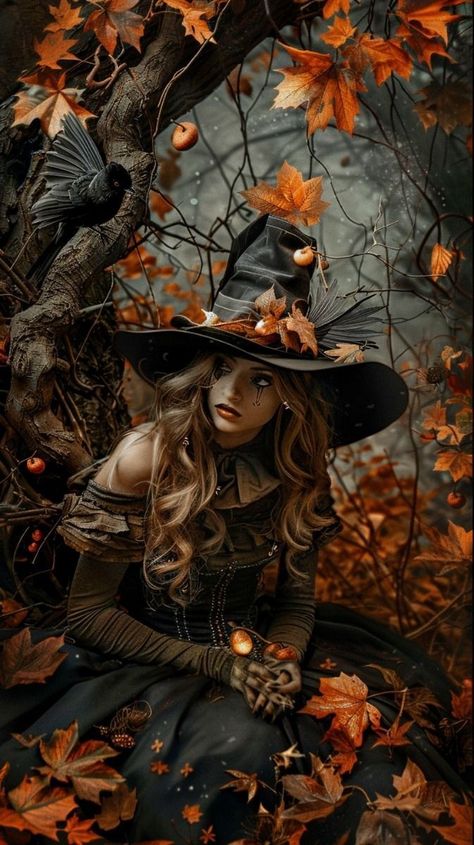 Witchy Autumn Aesthetic, Fairy Woodland, Pumpkin Field, Witch Wallpaper, Autumn Witch, Witch Pictures, Happy Halloween Witches, Fantasy Wizard, Halloween Scarecrow