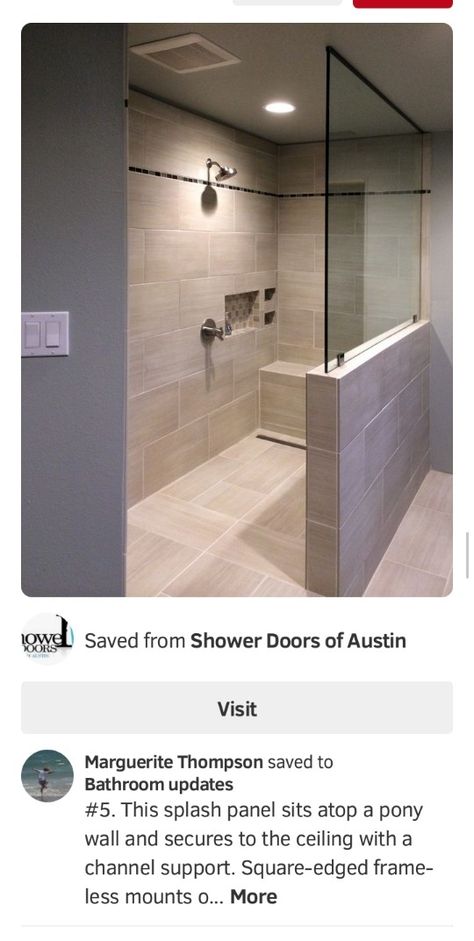 Partial Shower Wall, Showers Without Doors Tile, Driftwood Shower Wall, Shower Knee Wall Ideas, Shower Cutout Shelf Ideas, Walled Shower Walk In, Half Wall Shower Walk In, Pass Through Bathroom, Large Walk In Shower Ideas