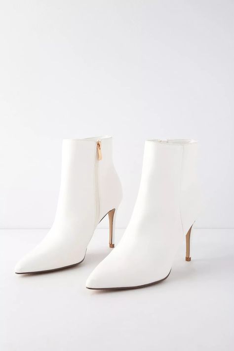 White Heels Boots, White Boots Heels, White Pointed Heels, White Heel Boots, Feminine Shoes, White Ankle Boots, High Heeled Boots, Wedding Boots, White Booties