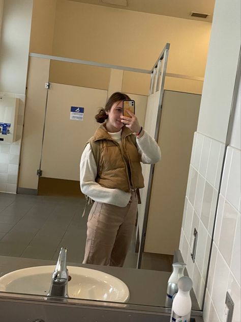 A tan puffer vest, khaki pants, and a white sweater! Tan Pants Outfit Men, Tan Pants Outfit, Tan Puffer Vest, Vest Outfits Men, Puffer Vest Outfit, Tan Vest, Pants Outfit Men, Vest Outfit, Tan Pants