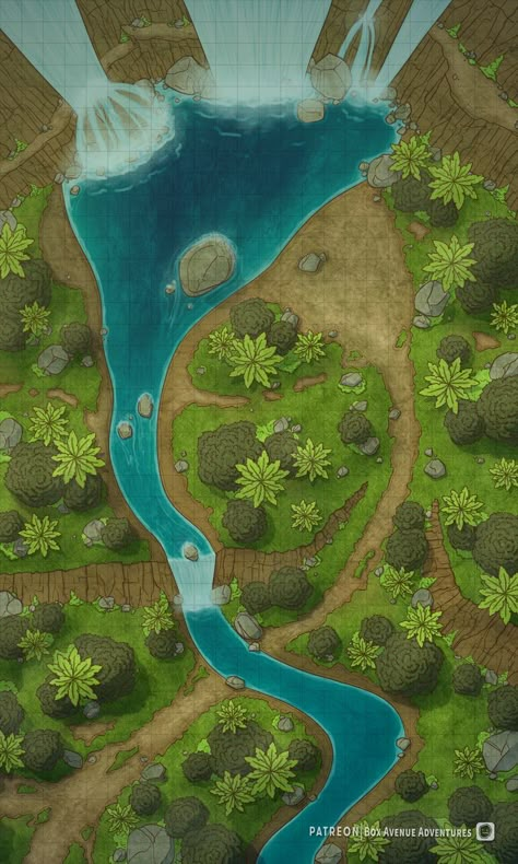 Dnd Idea, Jungle Waterfall, Jungle River, Dnd Diy, River Waterfall, Cartographers Guild, Dnd World Map, Dnd Campaign, Fantasy Town