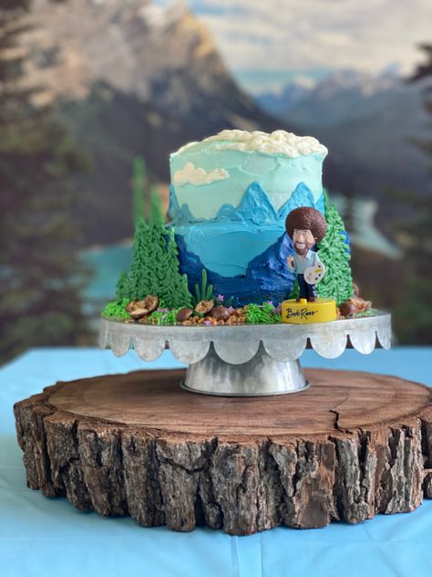 Easy bob ross cake.  Made by a regular mom. Bob Ross Cake, Bob Ross Party, Bob Ross Birthday, Artist Cake, 13 Birthday Cake, Bob Ross Paintings, Kids Party Food, 10th Birthday Parties, Novelty Cakes