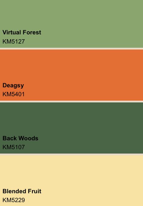 Medium green siding, pale yellow trim, either orange or dark green door/window trim Dark Green Door, Green Siding, Yellow Palette, Orange Palette, Orange Rooms, Orange Color Schemes, Orange Bathrooms, Orange Color Palettes, Living Room Orange