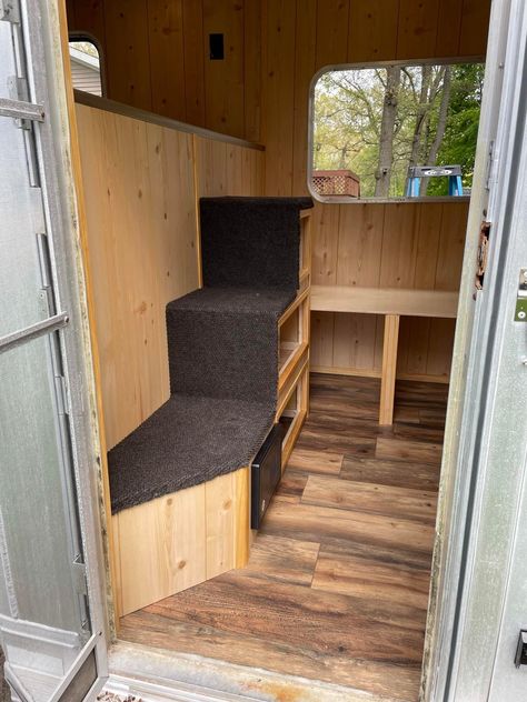 Horse Trailer Diy, Diy Horse Trailer Remodel, Horse Trailer Bed Steps, Horse Trailer Weekender Interior Ideas, Living Quarters Horse Trailer Ideas Diy, Horse Trailer Tack Room Conversion, Weekender Horse Trailer Remodel, Bumper Pull Horse Trailer Living Quarters Diy, Horse Trailer Interior Remodel