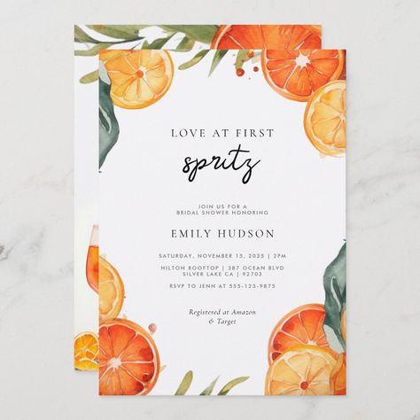 Orange Bridal Shower Theme, Love At First Spritz Theme, Love At First Spritz Bridal Shower Theme, Orange Bridal Shower Ideas, Spritz Bridal Shower Theme, Bridal Shower Themes Summer, Aperol Spritz Bridal Shower Theme, Aperol Spritz Party, Love At First Spritz