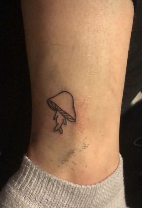 Legs Small Tattoo, Walking Mushroom Tattoo, Mushroom Ankle Tattoo, Mini Mushroom Tattoo, Tattoo Linework, Mushroom Tattoo, Ear Tattoos, Mushroom Tattoos, Line Work Tattoo