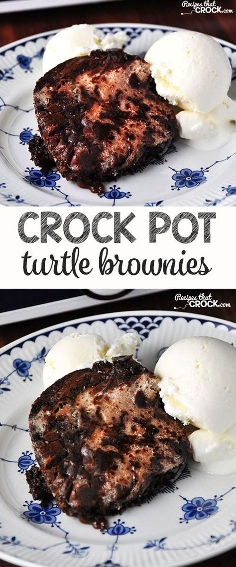 Everyone will be asking you for the recipe for these delicious Crock Pot Turtle Brownies! Crockpot Turtle Brownies, Homemade Ganache, Crockpot Desserts, Turtle Brownies, Crockpot Dessert Recipes, Crock Pot Desserts, Chewy Brownies, Slow Cooker Desserts, Ooey Gooey